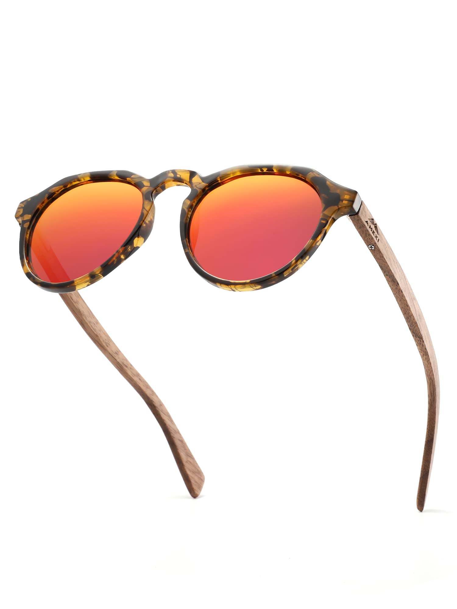 AMEXI CN8048 Wooden Polarised Sunglasses for Men and Women - UV400 Protection - Walnut Wood Frame, red, Large