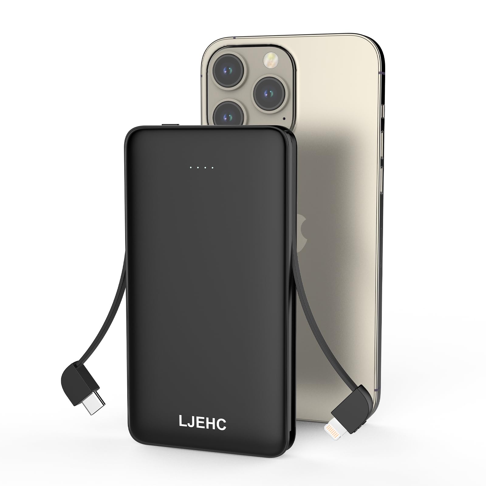 Photo 1 of 10000mAh Slim Power Bank with Built in Cable,Thin Lightweight Portable Phone Charger,4 Output USB C Travel Essentials External Battery Pack Clutch Charger for iPhone,Samsung,Android,Heated Vest,Black