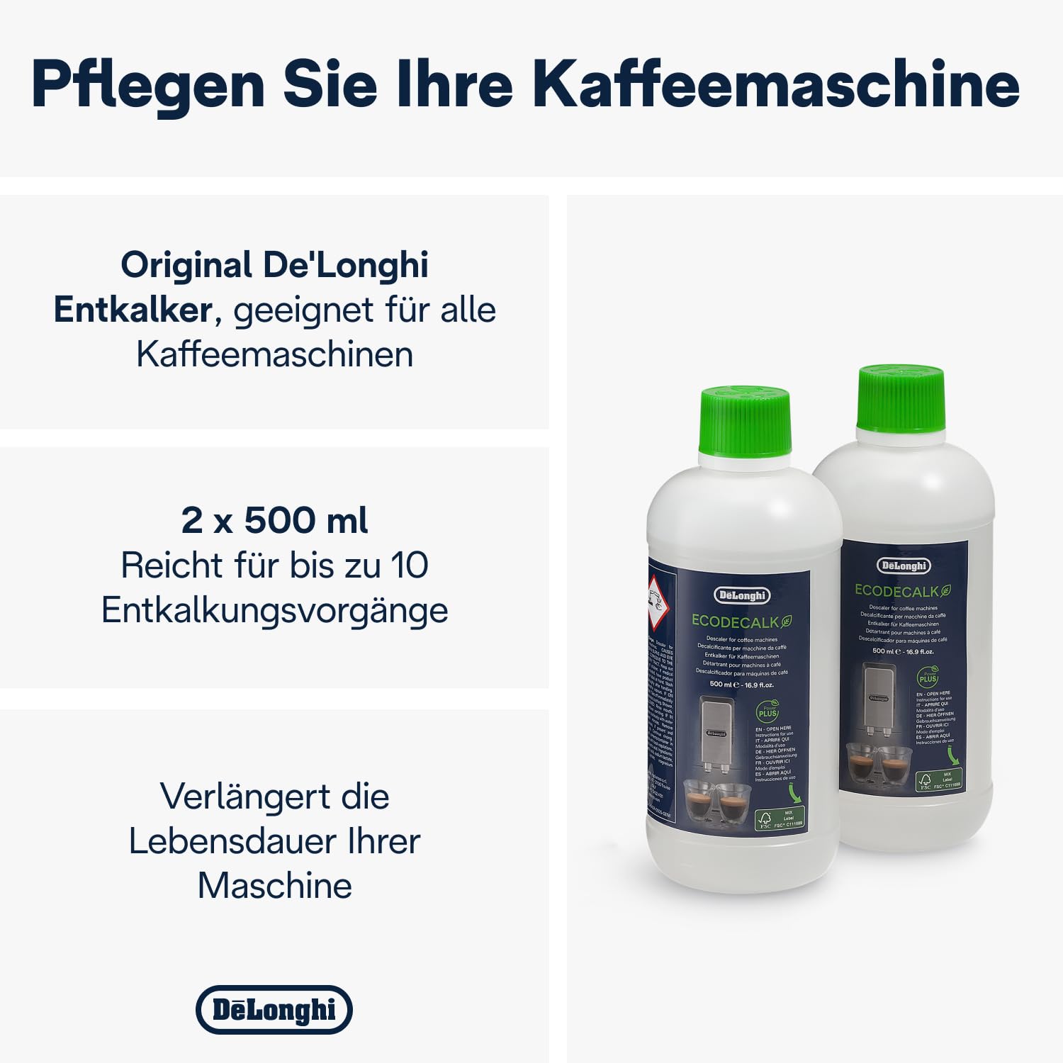 De'Longhi Original EcoDecalk DLSC502-Entkalker für Kaffeemaschinen & Kaffeevollautomaten,EXKLUSIV BEI AMAZON,Universal Kalklöser für 10 Entkalkungsvorgänge,enthält natürliche Rohstoffe,2x500ml,Weiß 2