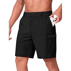 Crastimo Men Casual Shorts 9" Stretch 6 Pockets Quick Dry Lightweight Elastic Waist No Lining Hiking Travel Golf