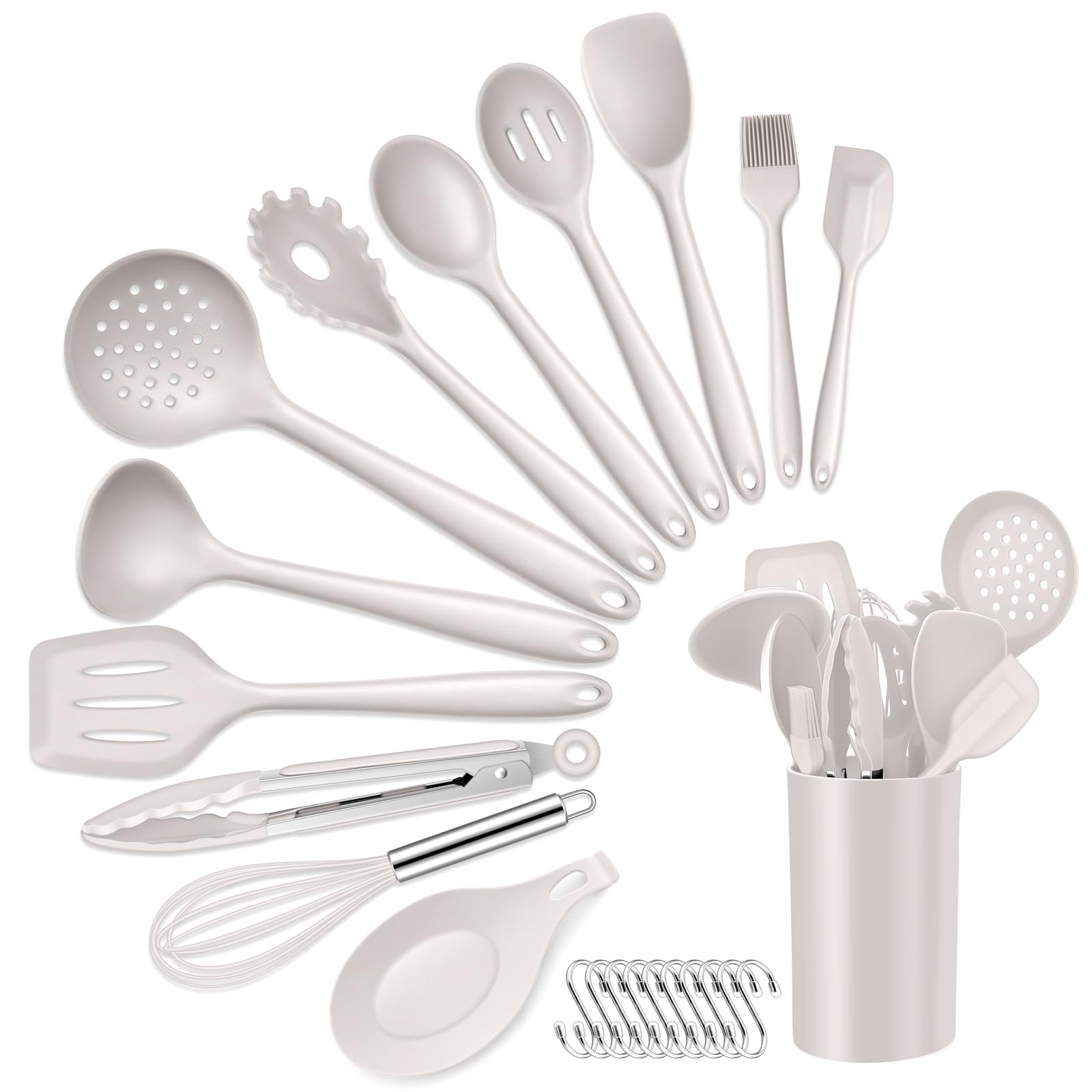HaWare Kitchen Utensils Set, 13 Piece Silicone Cooking Utensils Set with Holder, Heat Resistant Kitchen Tools Include Turner Spatula Spoon, Non-Stick Cookware Friendly & Dishwasher Safe - Khaki