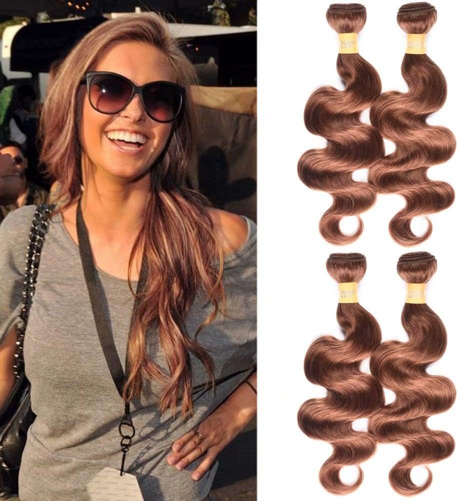 WOME Brazilian Body Wave Virgin Hair Bundles Light Auburn #30 Color Soft Hair Wefts 4 Bundles Human Hair Weave(#30,24"24"24"24")