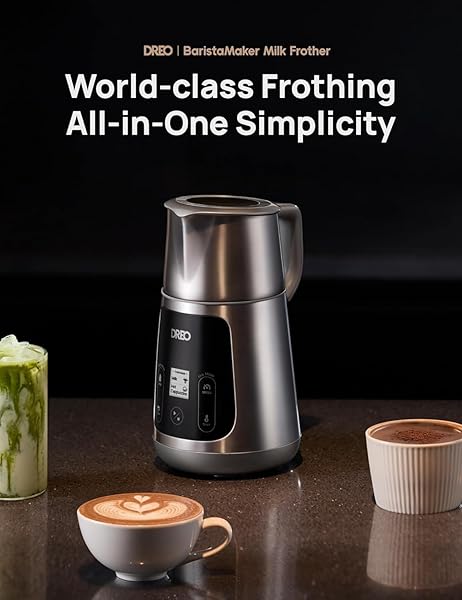 DREO ALL-IN-1 MILK FROTHER, ELECTRIC FOAM FROTHER FOR LATTE ART MICROFOAM AND COFFEE, 15OZ/450ML AUTOMATIC MILK WARMER WITH 30 DRINKS, DISHWASHER SAFE, DAIRY/PLANT-BASED MILK