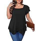Beauhuty Womens Plus Size Shirts Square Neck Loose Tops Ruffled Hem Tunic Casual Flowy Dressy Blouses Ruffle Short Sleeves