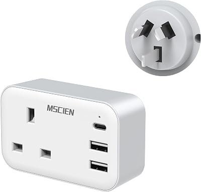 Mscien UK to Australia Plug Adapter 4 in 1 with 3 USB Type I
