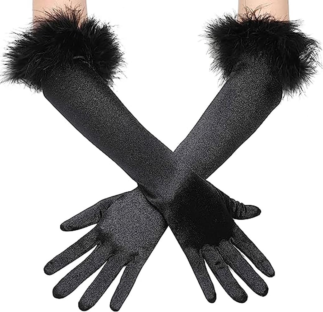 Women Elbow Long Opera Bridal Gloves Elegant Satin Evening Party Gloves 1920s Feather Costume Glove Fancy Dress Wedding Prom Glove for Ladies Halloween Carnival Christmas
