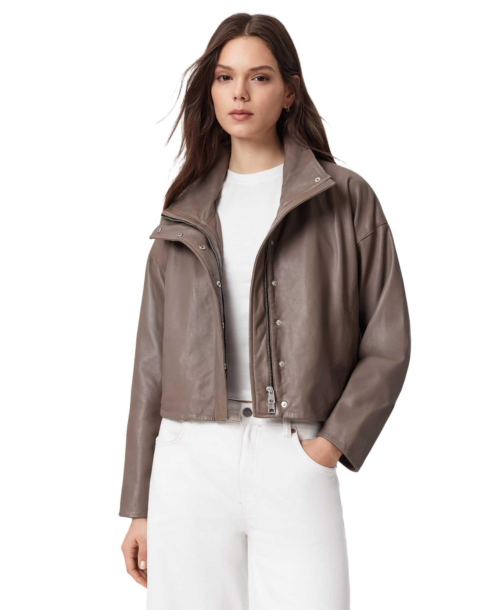 AllSaints Women’s Ryder Leather Jacket Mocha Brown Size Medium