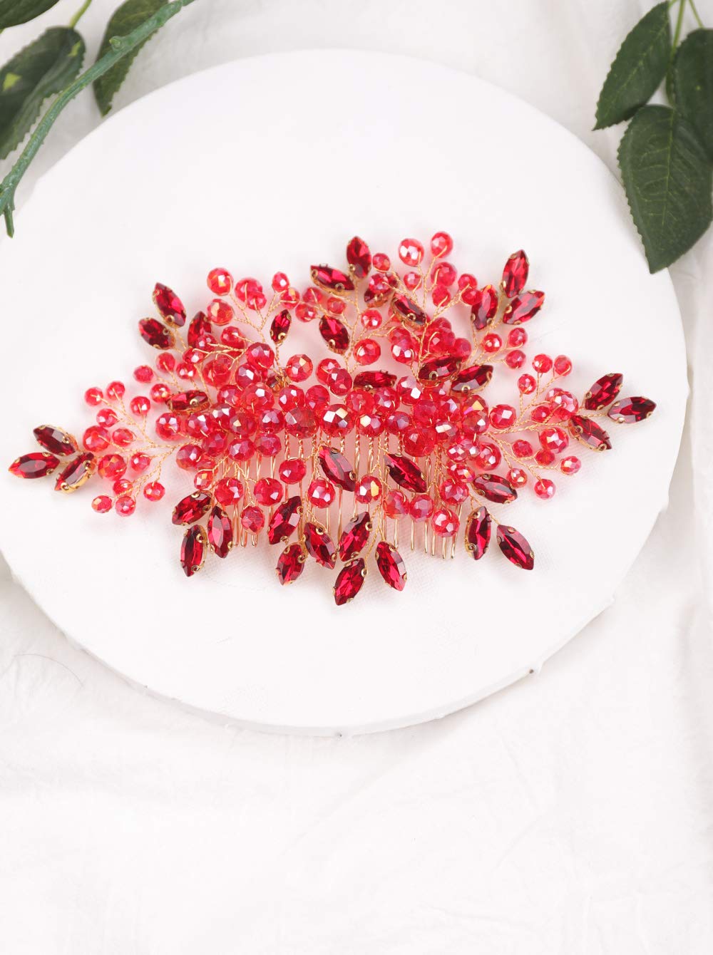 Anglacesmade Bridal Red Crystal Hair Comb Ruby Hair Piece Wedding Hair Accessories for Women and Girls (Red)