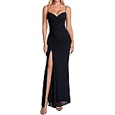 URYIAO Formal Elegant Ruched Maxi Dress for Women Spaghetti Strap Slit V Neck Bodycon Long Cocktail Evening Dresses