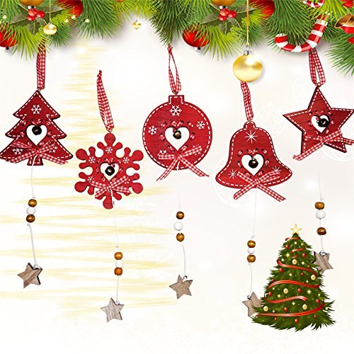 Christmas Ornaments 5 PCS Hanging Decoration Baubles Country Chimes Pendant Kit Home Decor for Tree Travel Souvenir Seasonal Xmas Gift Baubles Wood Red