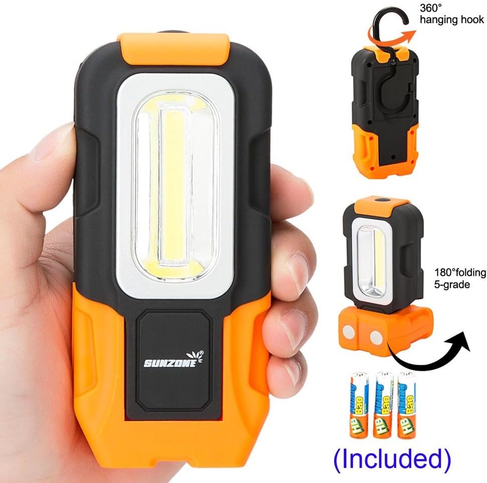 Portable LED Work Light 200 Lunens Magnetic Base with Hanging Hook COB Flashlight Lamp Battery Included, Flood Light for Shop Car Repairing Outdoor Camping Fishing Hiking and Emergency (Orange)