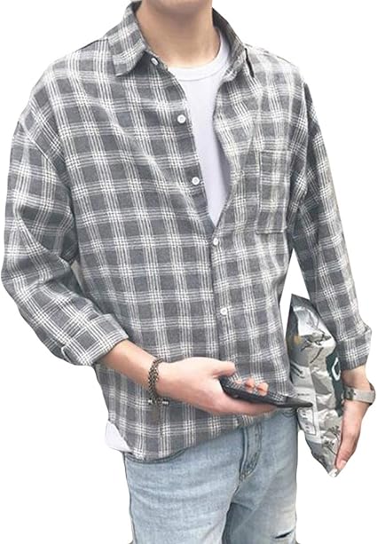 Amazon Ellteチェックシャツ メンズ ゆったり お洒落 ワイシャツ ネルシャツ チェック柄 スクエアネック 秋冬服 厚手 韓国風シャツ 通勤 通学 ハンサム カッコイイ シャツ 通販