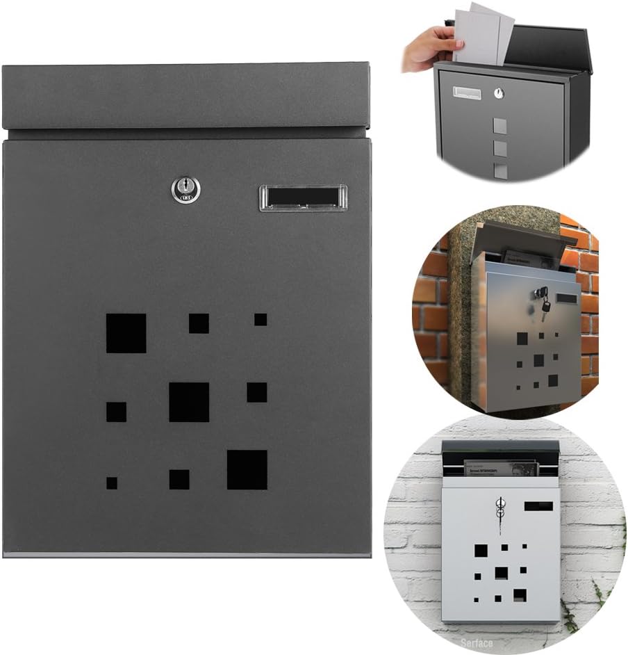Wall Mount Letterboxes Mailbox Large Outdoor Steel Lockable Postbox for Modern Houses (Black 1)