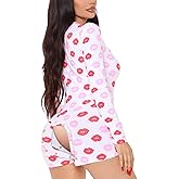 ICNGLKSND Women Sexy Long Sleeve Bodycon Short Jumpsuit Butt Flap Romper Button Up One Piece Valentine Overall Sleepwear