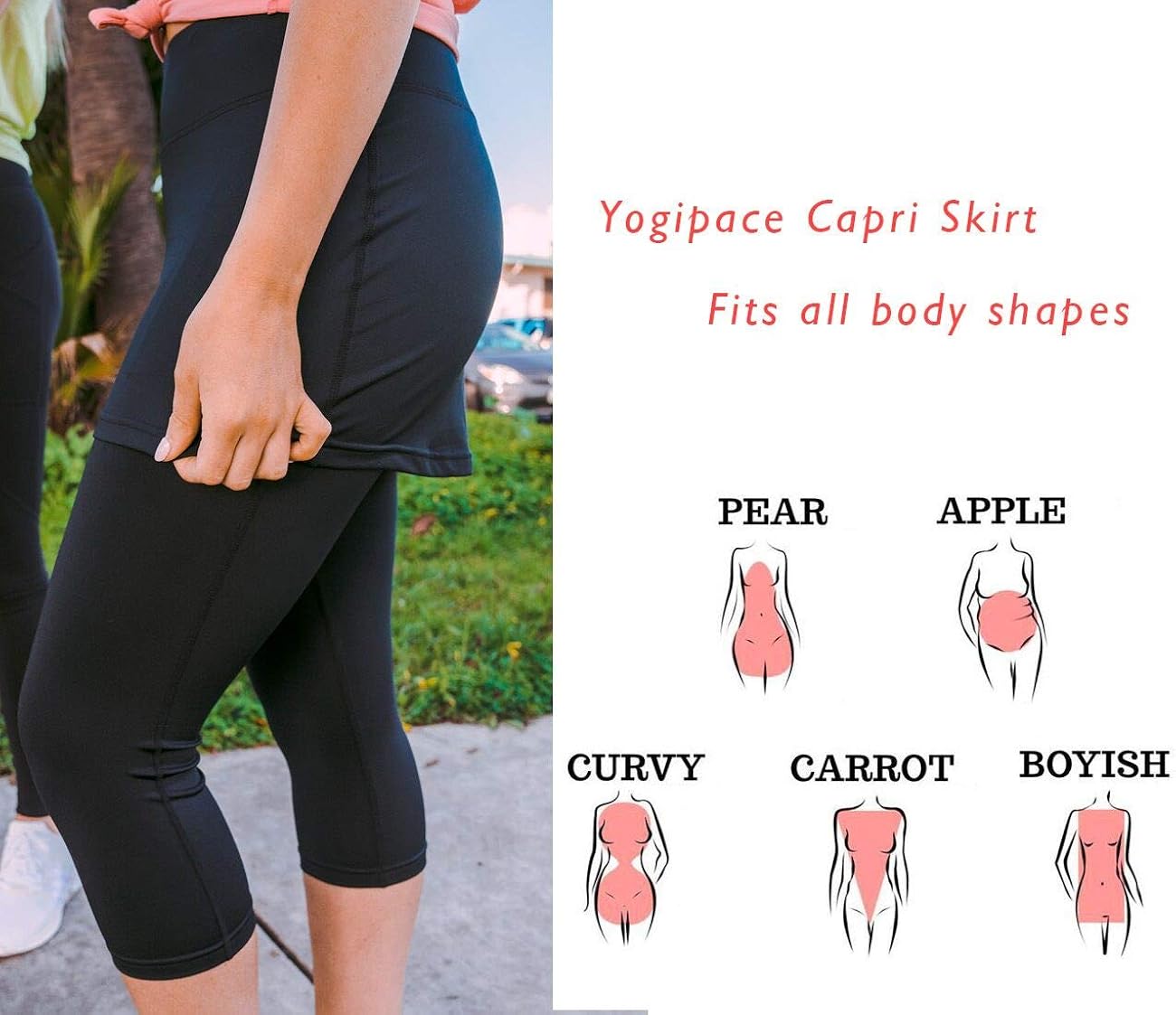 Yogipace Women's UV Protective Capri Leggings with Skirt, Running Skirted Capri, Active Skort with Golf Tennis Ball Pockets: Clothing