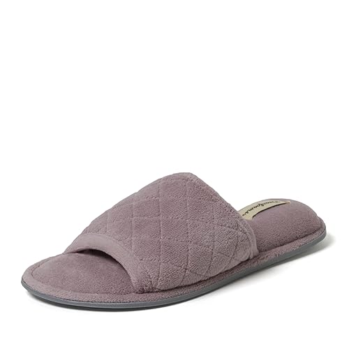 Dearfoams Women's Summer Memory Foam Indoor House Slide Slipper, Frosted Plum Purple Terry, 9-10