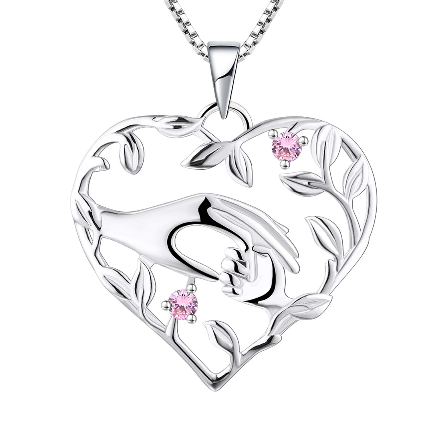 YL Mum Heart Necklace 925 Sterling Silver Mom Hold Child's Hand cut October Birthstone Pink Cubic Zirconia Pendant Gifts for Mum Women — image 1