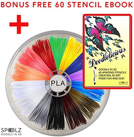 FLASH SALE: 3D Pen Filament Refills 60 STENCIL EBOOK &amp; BONUS GLOW IN THE DARK COLORS 1.75mm PLA Pack of 12 Different Colors -20 Feet each - 240 Linear Feet