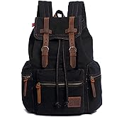 HuaChen Vintage Canvas Travel Backpack with Leather Trim, Laptop Padded Sleeve, Hidden Back Security Pocket, Fits 15-Inch, M32 Black Large
