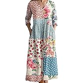 Womens Fall Casual 3/4 Sleeve Floral Prirted Maxi Dress Plus Size V Neck Flowy Swing Tunic Shift Dresses with 2 Pockets
