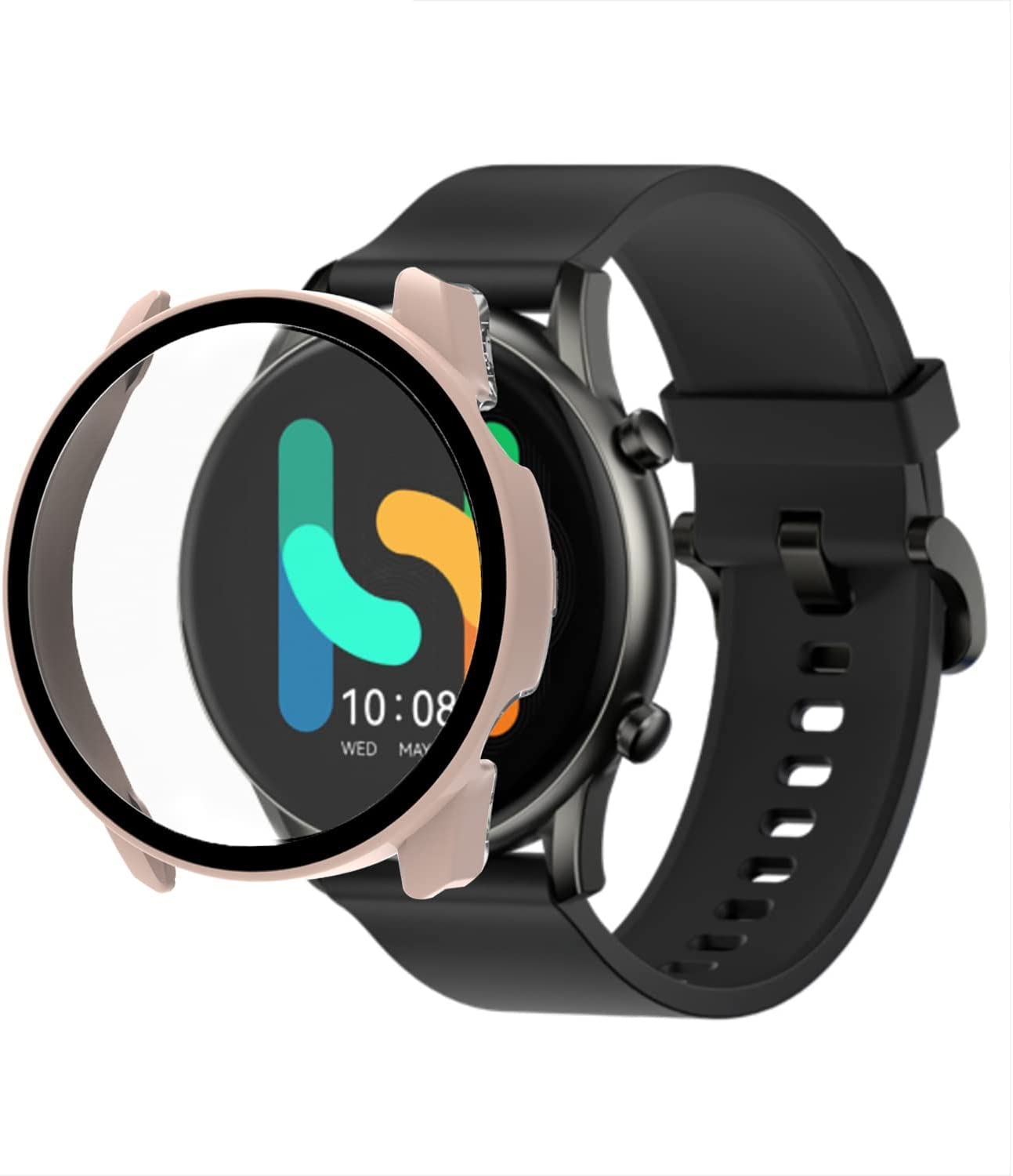 Compatible with HAYLOU Smart Watch Case, onetuo Hard PC Case with Tempered Glass Screen Protector Compatible with HAYLOU LS10/RT2 Smart Watch 1.32 Inches (Pink)