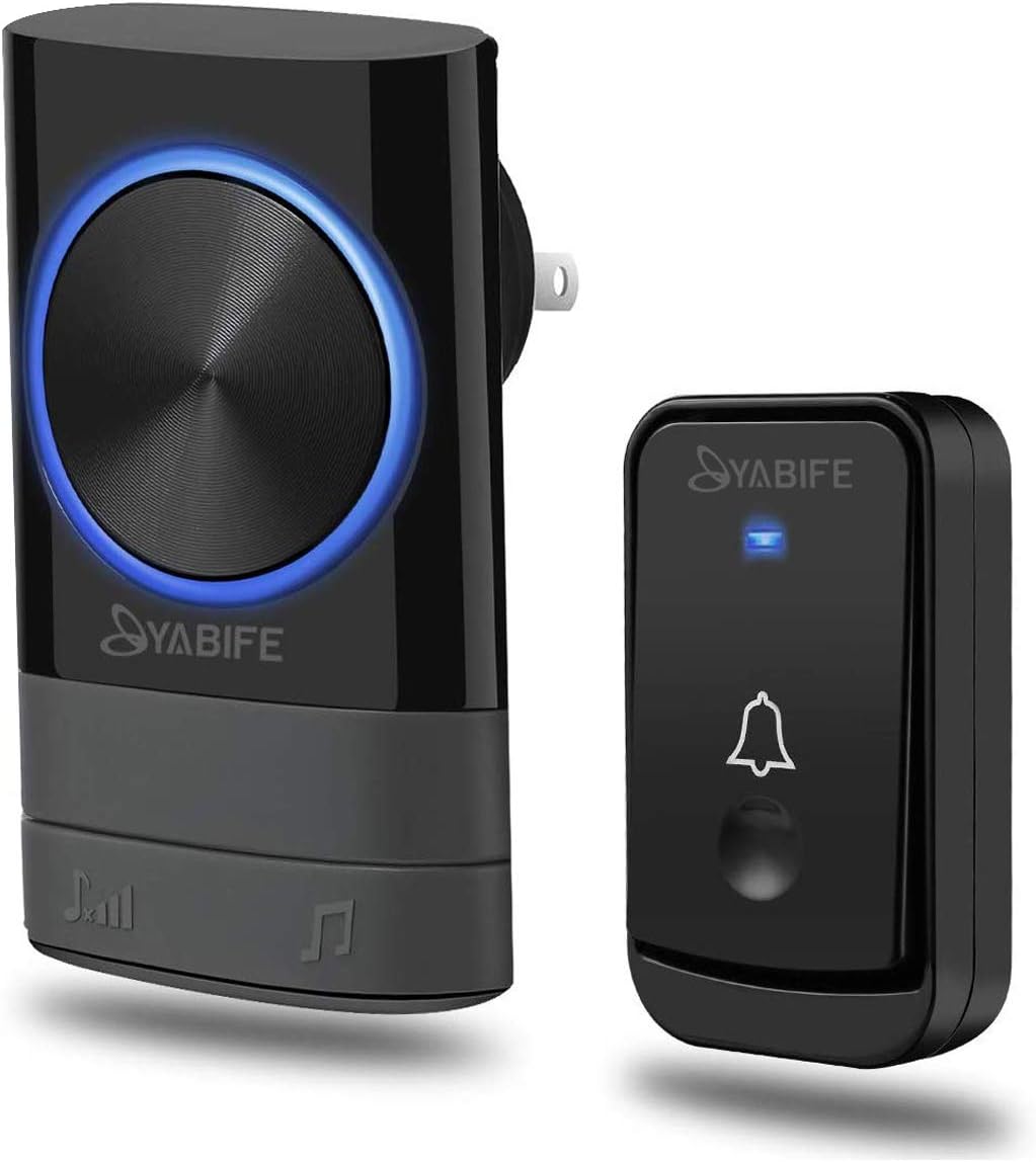 Wireless Doorbell, Cordless Plug in Door Bells 1 Receiver 1 Sender, IP44 Waterproof Door Chime Bell, 45 Ringtones, 0-110dB Loud 4 Levels Volume, 500-1000ft Range, 12V 23A Battery