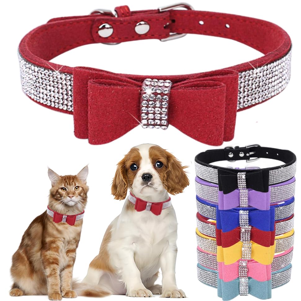 Bowtie Diamante Dog Collar, Pink Dog Collar Adjustable Girls Female Cute Sparkling Crystal Diamond Puppy Collars for Small Medium Large Dogs Red XXS