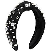 WantGor Pearl Knotted Headband, Women Rhinestone Embellished Hairband Elegant Wide Top Knot Bride Headbands Headpieces Party 