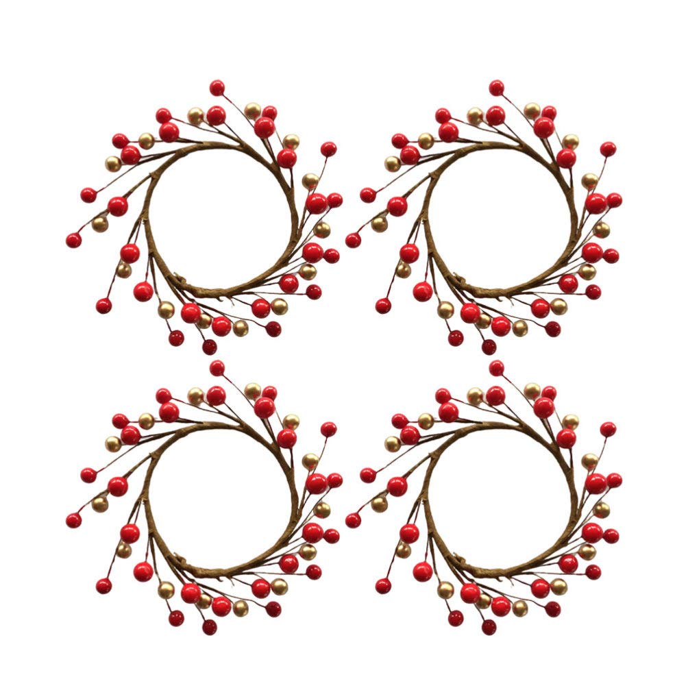 Amosfun 4pcs Christams Candle Rings Red Berry Candle Rings Wreaths For Pillars Christams Table Decorations Centerpieces