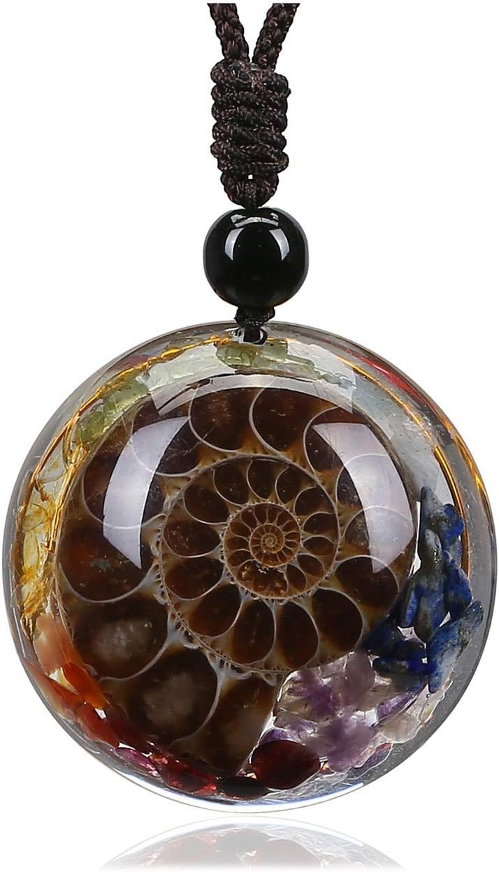 JOVIVI 7 Chakra Healing Crystal Stone Necklace Ammonite Fossil Natural Round Gemstone Spiral Protection Amulet Pendant Necklace for Women Men Jewellery