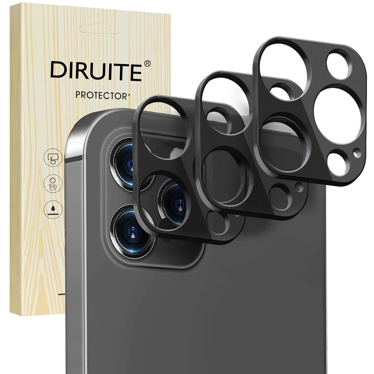 Diruite 3-Pack for iphone 12 Pro Camera Lens Protector Metall Lens Protective Cover(6.1-inch)-Black