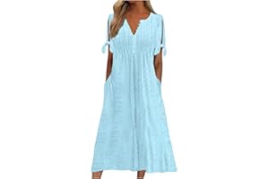 ROKIACDE Midi Dresses for Women Wedding Guest,Trendy Plus Size Button Up Short Sleeve Summer Sexy V Neck Cold Shoulder Dress