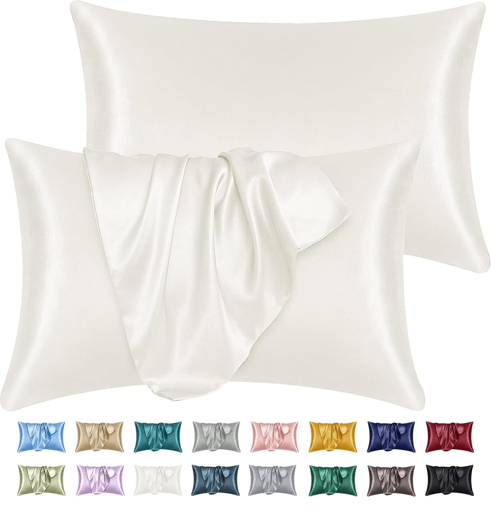 Yorkshire Bedding Satin Pillow Cases 2 Pack – Luxurious Ivory Pillowcases For Hair and Skin Standard Size with Envelope Closure Hypoallergenic 50 x 75 cm