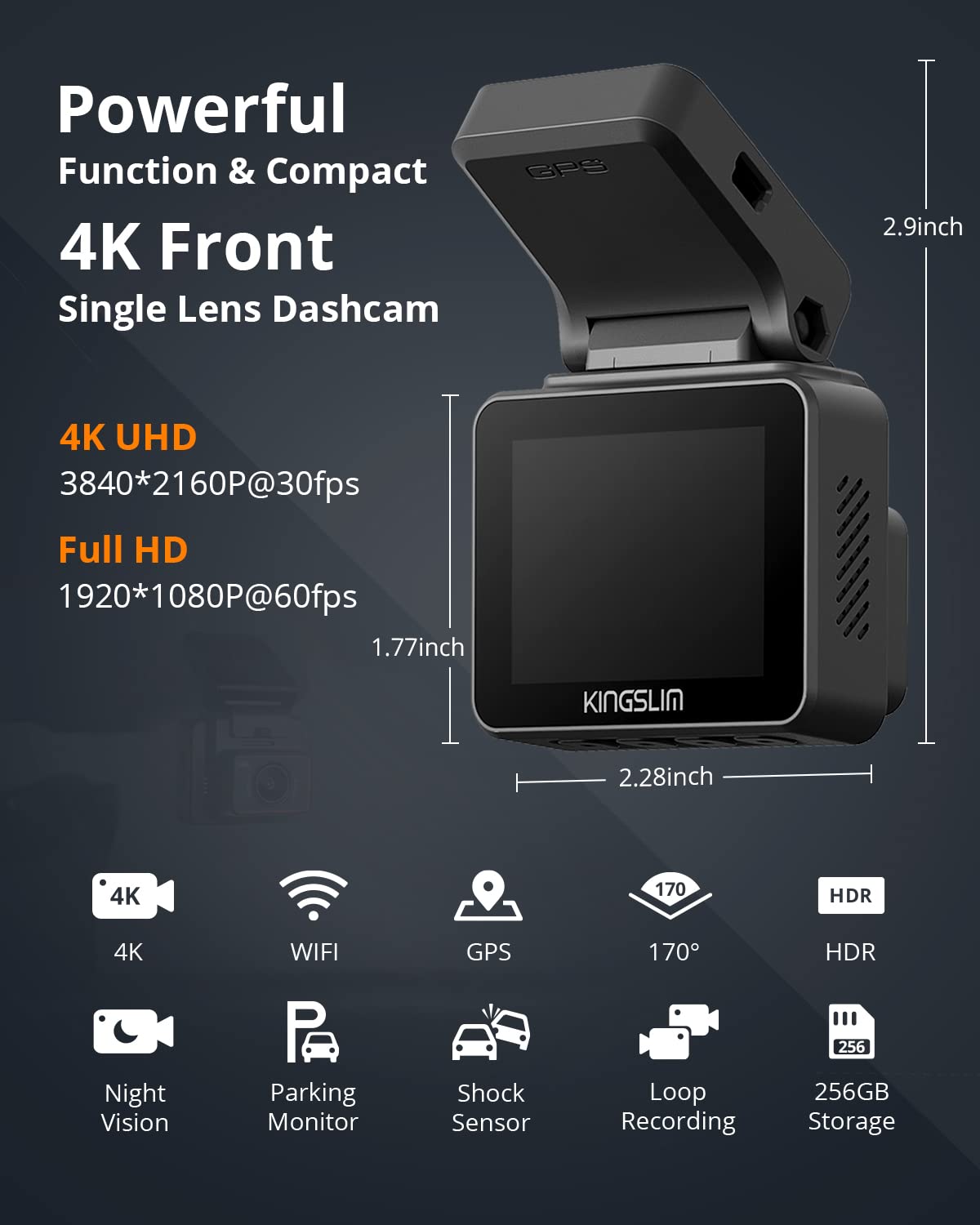 Kingslim D5-4K Dash Cam with WiFi - Front Dash Camera for Cars with GPS and Speed, Sony Night Vision, Support APP and 256GB Max