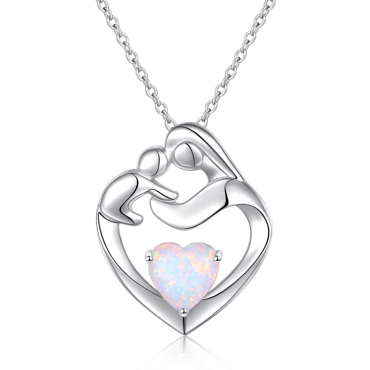 Flyow Real 925 Sterling Silver Mother and Child Heart Lab Opal Pendant Necklace Jewelry for Women Mother Best Christmas Gifts New Mum Gifts (Silver) — image 1