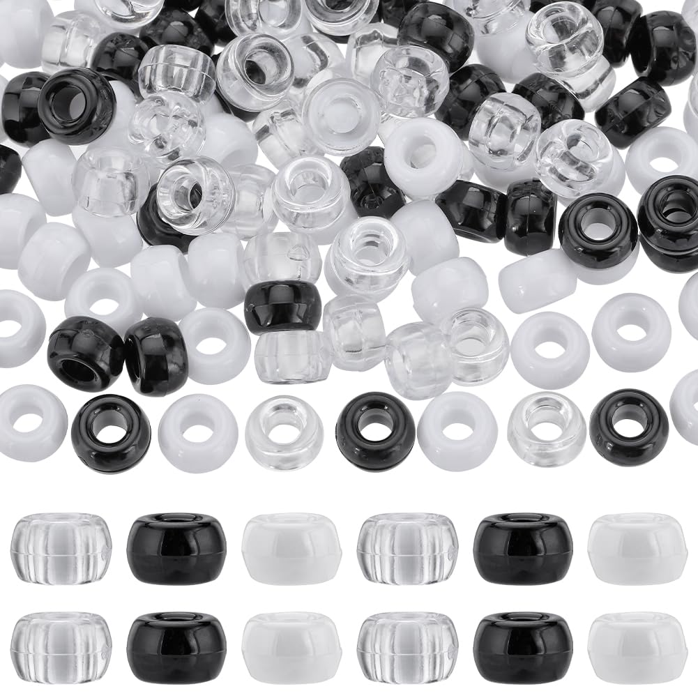 SUNNYCLUE 600Pcs Pony Beads Bulk 6x9mm Opaque Pony Beads Black White Plastic Bead Clear Transparent Pony Beads Kit Round Craft Beads for jewellery Making Beading Kits DIY Bracelets Keychain Supplies — image 1