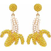 Banana Fruit Pearl Earrings Gold Plated Funny Yellow Bananas Summer Tropical Fruits Sparkly Colorful Rhinestone Cubic Zirconia Beaded Dangle Drop Earrings for Beach Holiday Birthday Party Jewelry Gifts