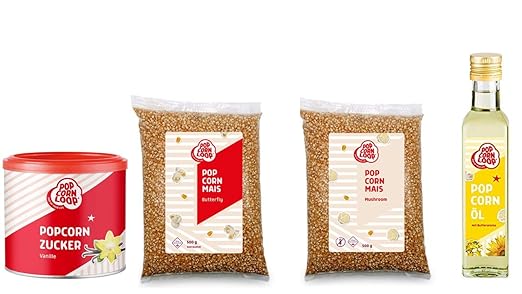 Popcornloop Zutaten Set Mit Butterfly Mushroom Mais Je 500g Popcornzucker Vanille 300g Und Popcornol 250ml Fur Popcorn Zuhause Popcornmaschine Amazon De Lebensmittel Getranke