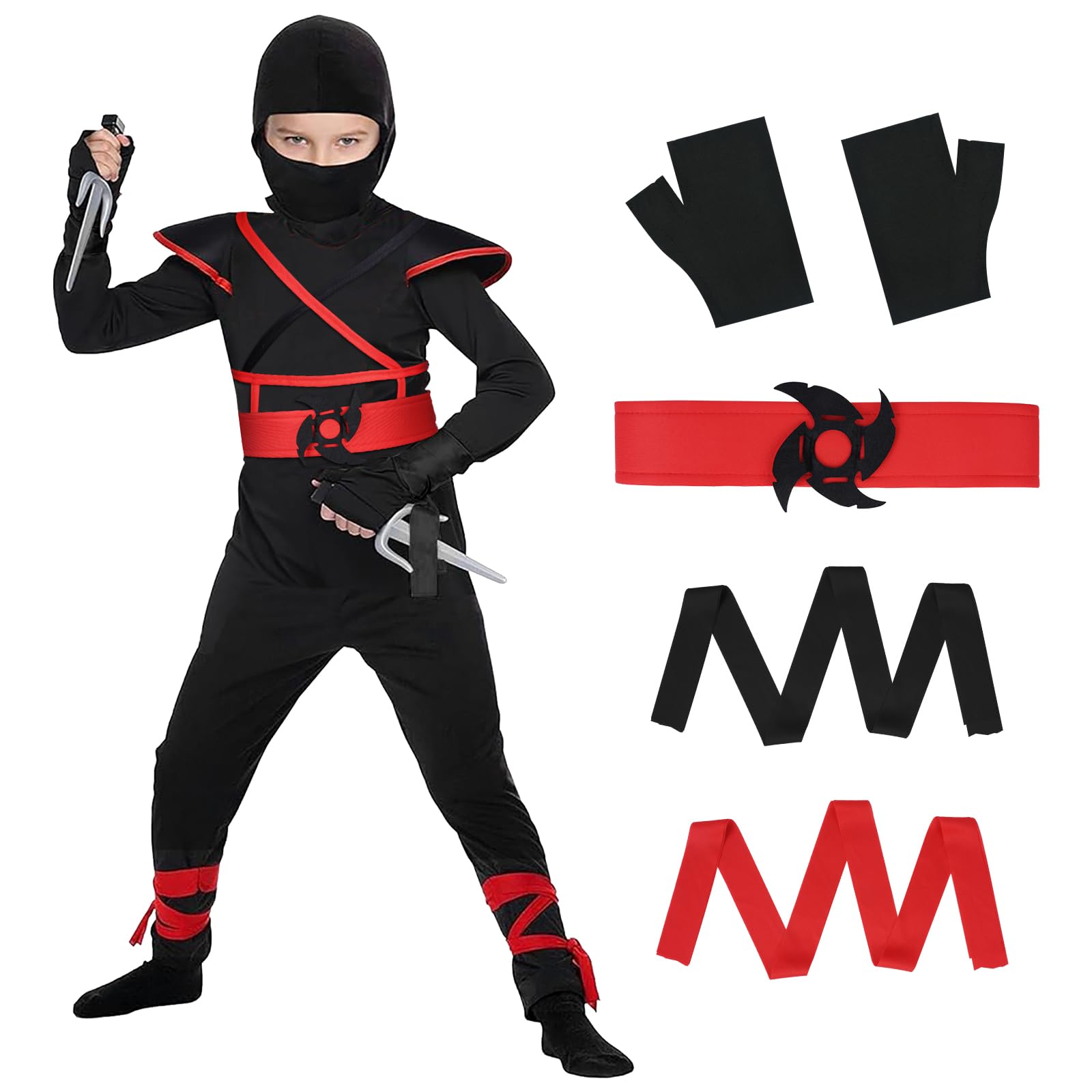 AOOWU Ninja Costume Children, Ninja Cosplay Set with Gloves, Boys Girls Warrior Suit, Carnival Costume Children, Halloween Fancy Dress for Party Cosplay (S) — image 1