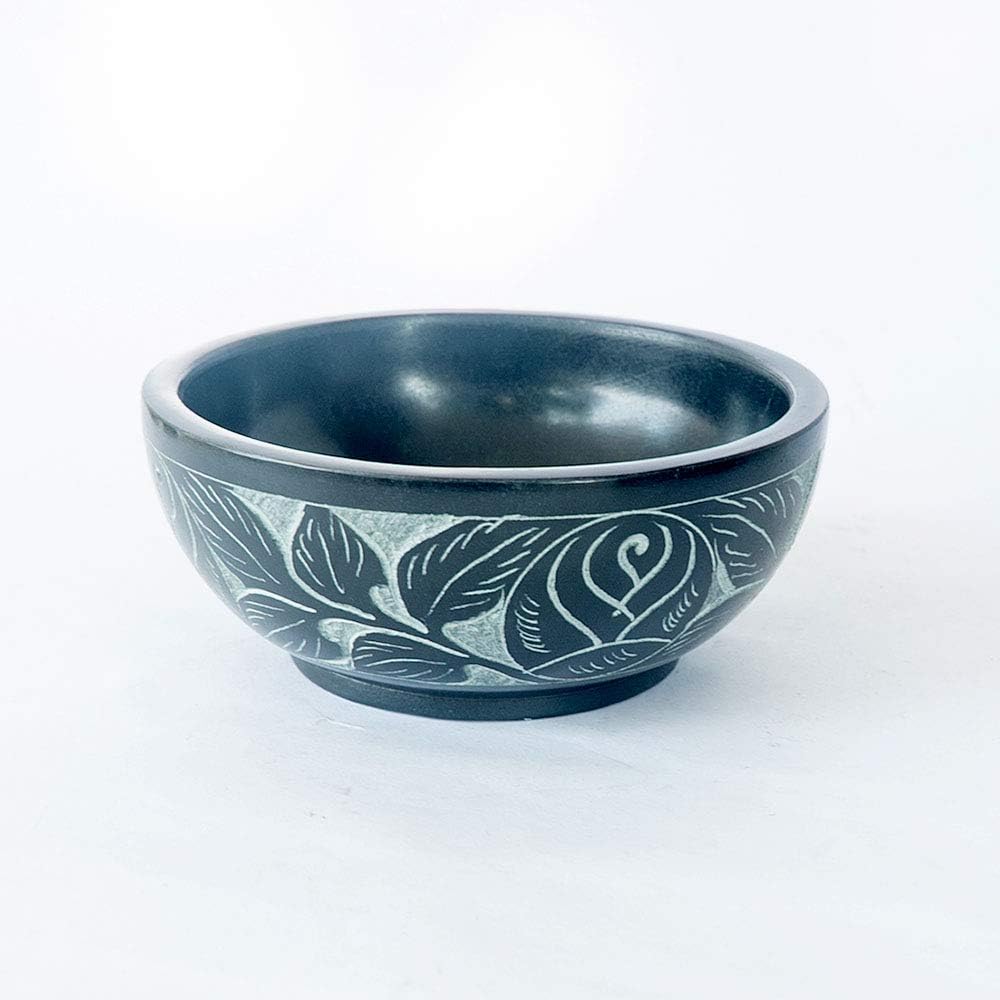 Kaizen Casa Hand Carved Natural Stone Smudge Bowl, White Leaf Design, Black - Image 5