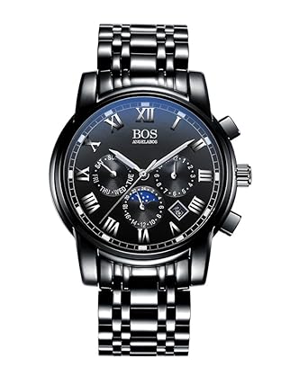 BOS Mens Japanese Quartz Chronograph Stainless Steel Waterproof Sport Watch (All black)