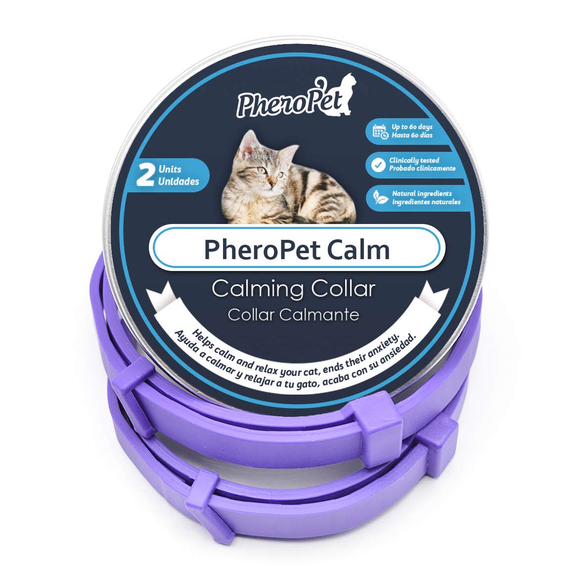 2 x Adjustable Cat Calming Collar - PheroPet Calm - Anti Stress for Cats - Effect up to 120 Days - 100% Natural Ingredients: Cat Pheromones, Lemongrass & Lavender - Soothes & Reduces Stress