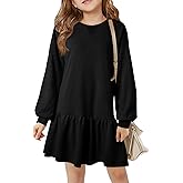 Haloumoning Girls Long Sleeve Dresses Sweatshirt Dress Kids Casual Crewneck Rib Knit Mini Dress 5-14 Years