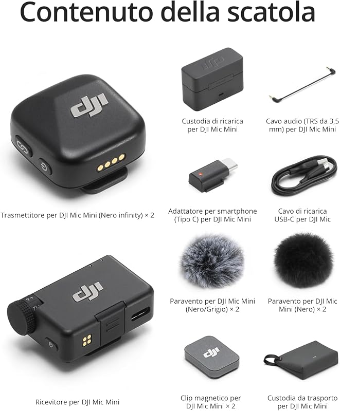 Mic Mini (2 TX + 1 RX + Custodia ricarica), leggero, audio alta qualità
