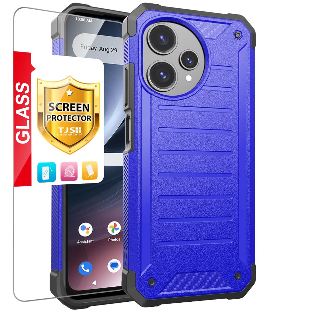 TJS Compatible with Cricket Icon Pro 2026 Case, AT&T Motivate Pro 2 5G Case, with Tempered Glass Screen Protector, Dual Layer Premium Tough Lined Design Hybrid Shockproof Heavy Duty Phone Case (Blue)