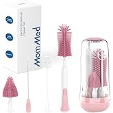 MomMed Electric Bottle Brush, Electric Baby Bottle Brush Set with Silicone Bottle/Pacifier/Straw Brush and Mixing Head, Waterproof Bottle Cleaner Brush with Drying Rack, 2 Modes & 360° Rotation
