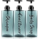 AUMIO 16.9oz Shampoo Dispenser for Shower (3 Pack) - Refillable Shampoo and Conditioner Bottles with Pump, Empty Clear Blue Plastic Body Wash Container Set, Printed Shower Soap Dispensers for Bathroom