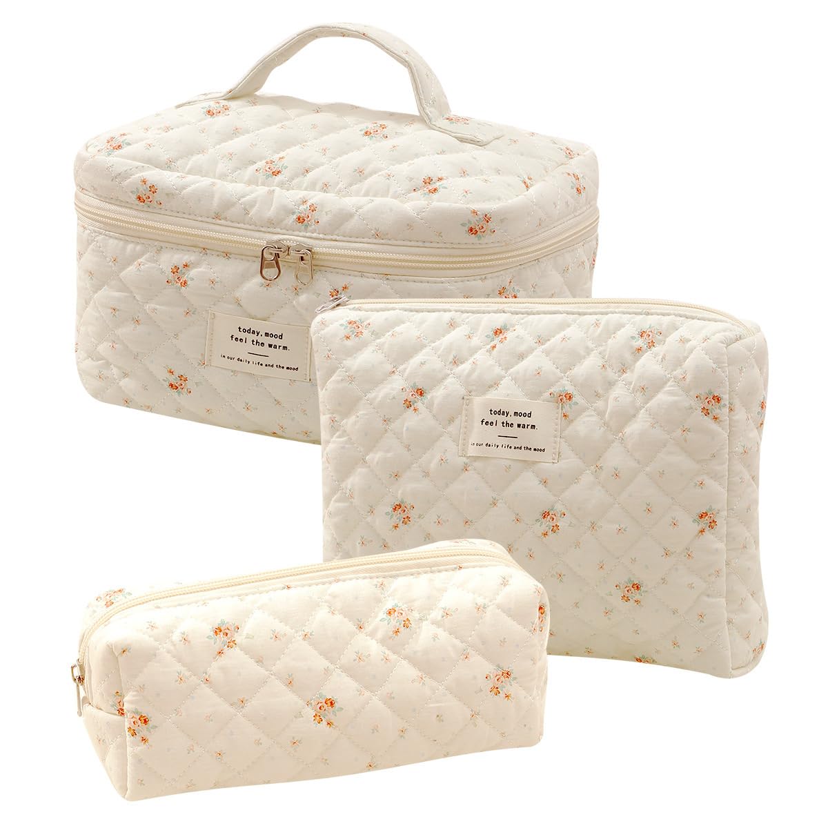3Pcs Quilted Floral Makeup Bag, Coquette Cute Cotton Quilted Large Capacity Cosmetic Bag, Portable Travel Toiletry Bag, Collision Prevention Protection Skincare Bag for Women Ladies Girls (Flower 1)