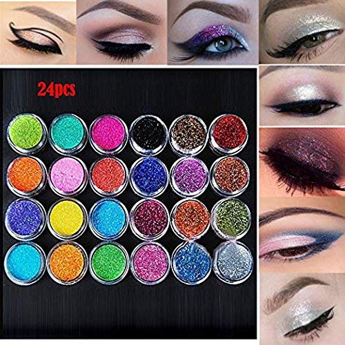 TOPBeauty 24Pcs Loose Glitter Eyeshadow Face Body Painting Paint Craft Nail Art,Makeup Phone Nail Art Pigment Glitter Powder, Mixed Colors Shimmer Mineral Eye Shadow Dust Powder Makeup Party Cosmetic Set