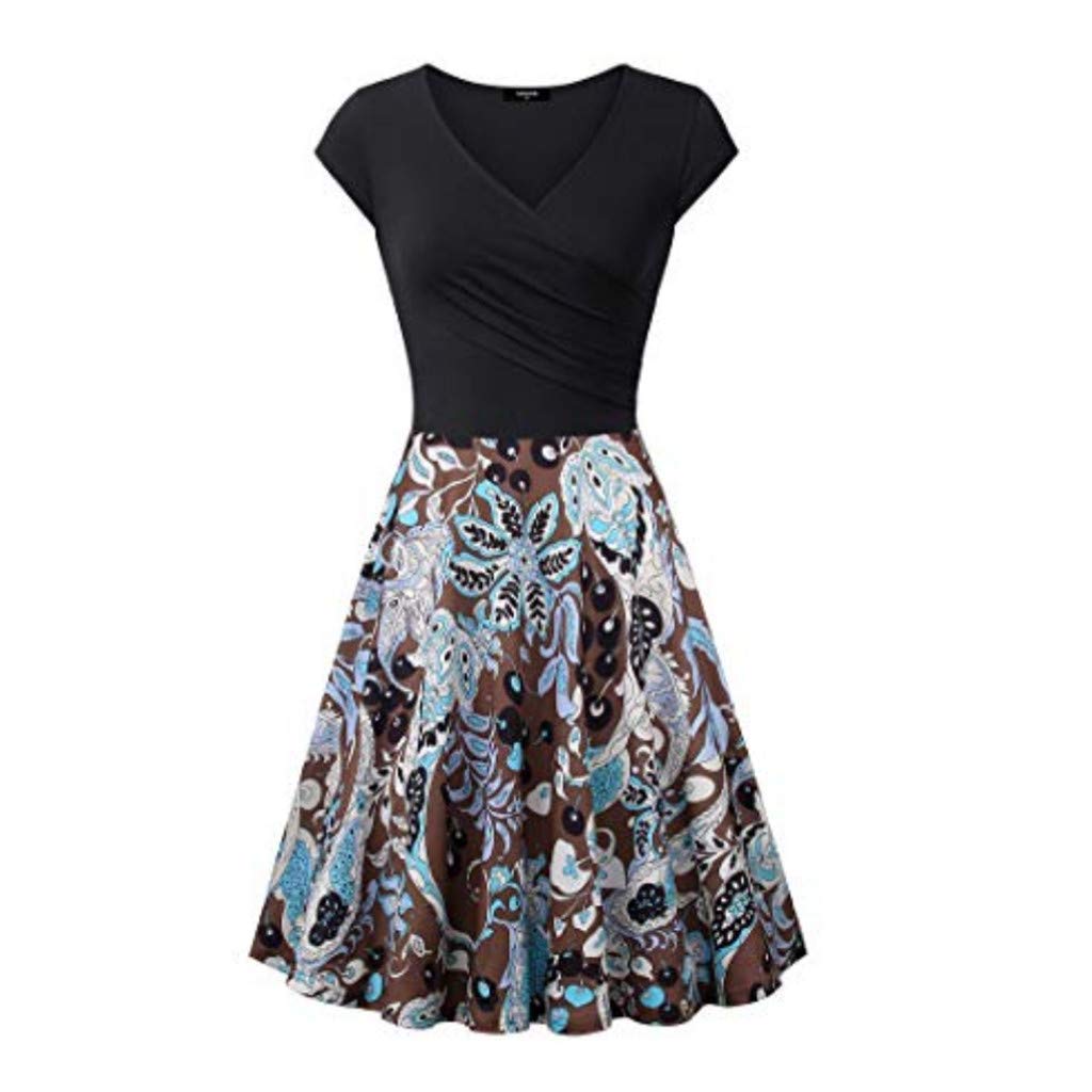 KYLEON Women’s Casual Dress V Neck A Line Cap Sleeve Elegant Mini Tunic Dress Summer Floral Print Short Sundress